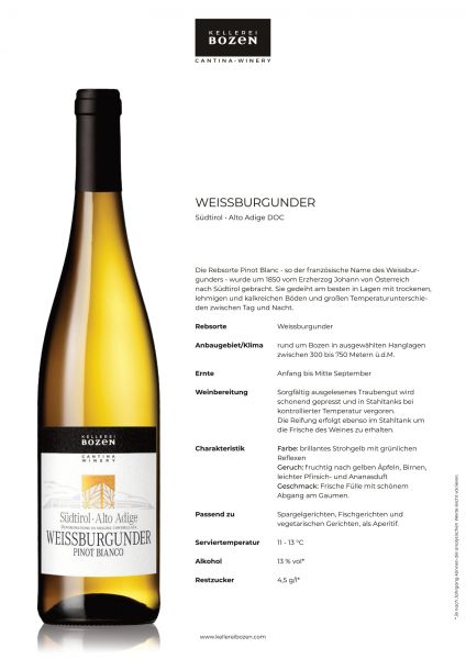 Weissburgunder Südtirol Alto Adige DOC Pinot Bianco 0,75l 13%-2020/ Kellerei Bozen